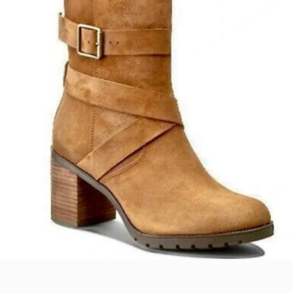 Clarks Malvet Doris Tan Brown Suede Block Heel Moto Western Boots Size 9.5